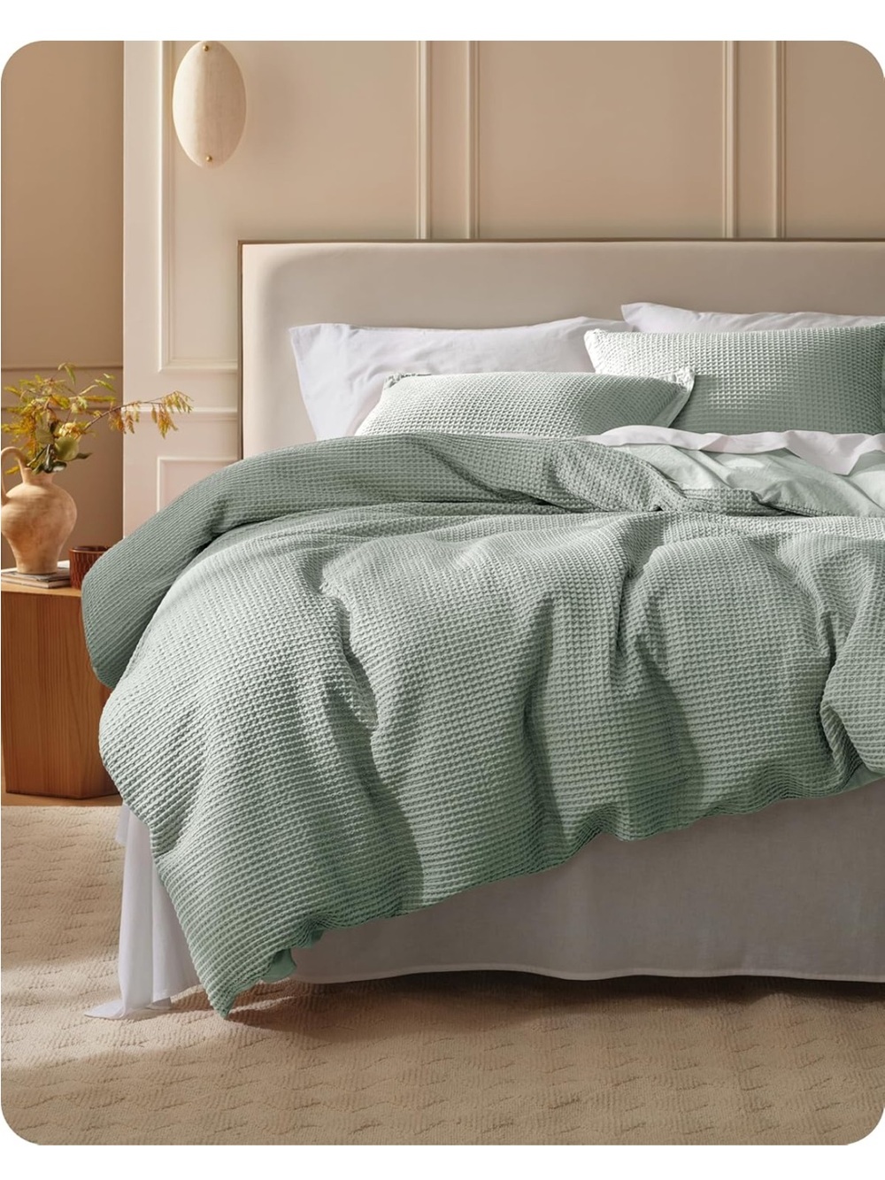 NEW Bedsure 100% Cotton Waffle Weave Duvet Cover Set. Sage Green. King